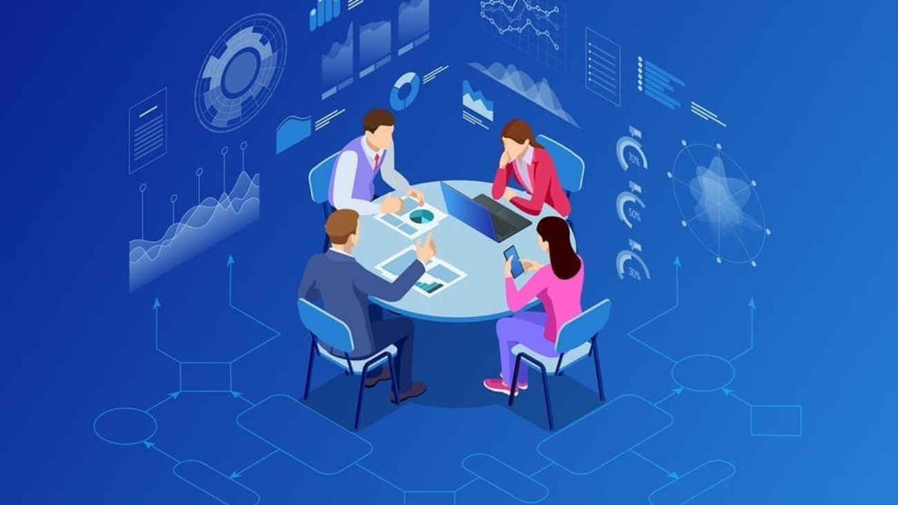 Isometric business people talking conference meeting room. Team work process. Business management teamwork meeting and brainstorming. Vector illustration