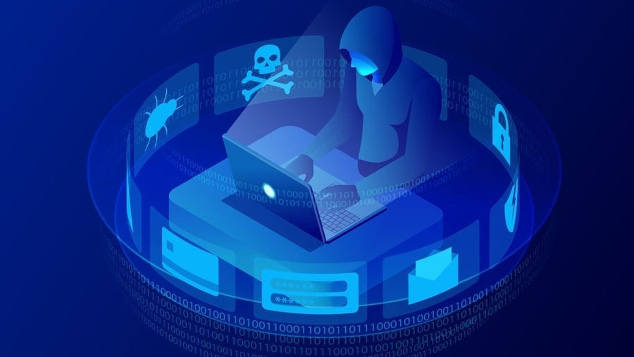 Isometric vector Internet hacker attack and personal data security concept. Computer security technology. E-mail spam viruses bank account hacking. Hacker working on a code. Internet crime concept