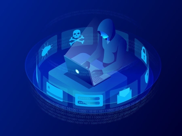 Isometric vector Internet hacker attack and personal data security concept. Computer security technology. E-mail spam viruses bank account hacking. Hacker working on a code. Internet crime concept