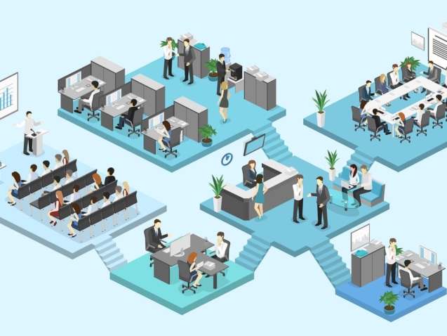 Isometric flat 3d abstract office floor interior departments concept vector. conference hall offices workplaces director of the office interior
