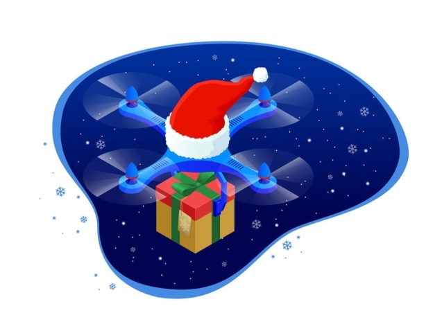 Isometric dron Santas hat delivering Christmas gifts and presents. Vector illustration