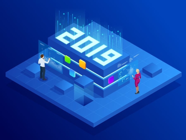 Isometric Business New Year 2019 concept, Digital technologies. Business solution, planning ideas. New innovative ideas.